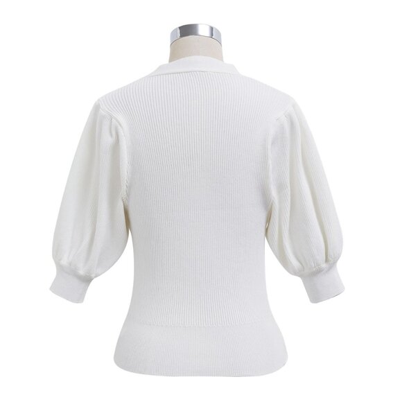 CHICWISH - Bubble Sleeve V-Neck Buttoned Knit Top in White - SIZE S-M - Picture 6 of 7